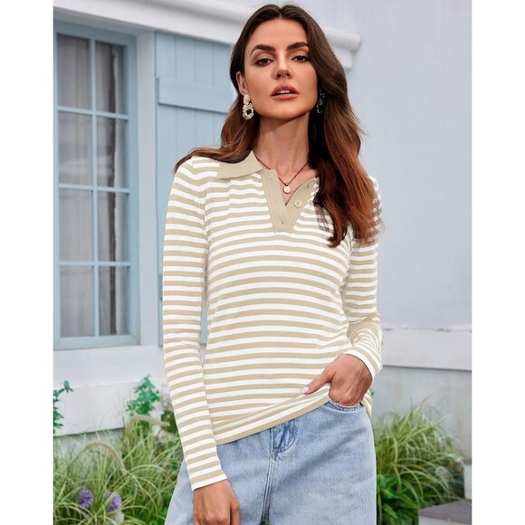 Womens Lightweight Sweaters Crewneck Long Sleeve Knit Pullover Striped Button XL - Picture 2 of 5